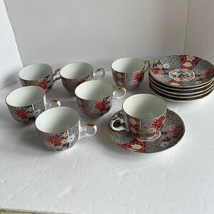 Arita Imari Fan 7 cups six saucers vintage
